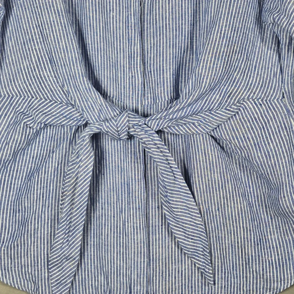 Lauren Ralph Lauren Shirt L Blue White Striped 100% Linen Tie Front Short Sleeve - Picture 4 of 11